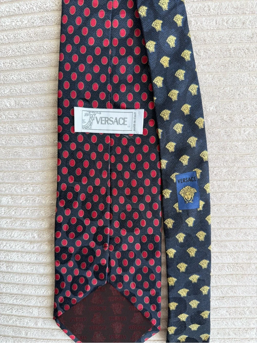 Versace Black Silk Tie with Red Polka Dots and Gold Medusa